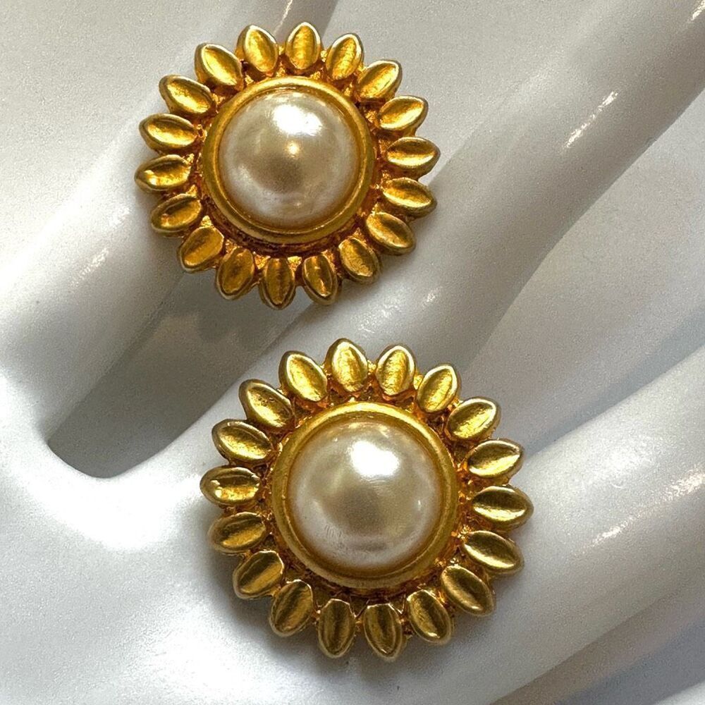Gold tone faux pearl sun clip on earrings